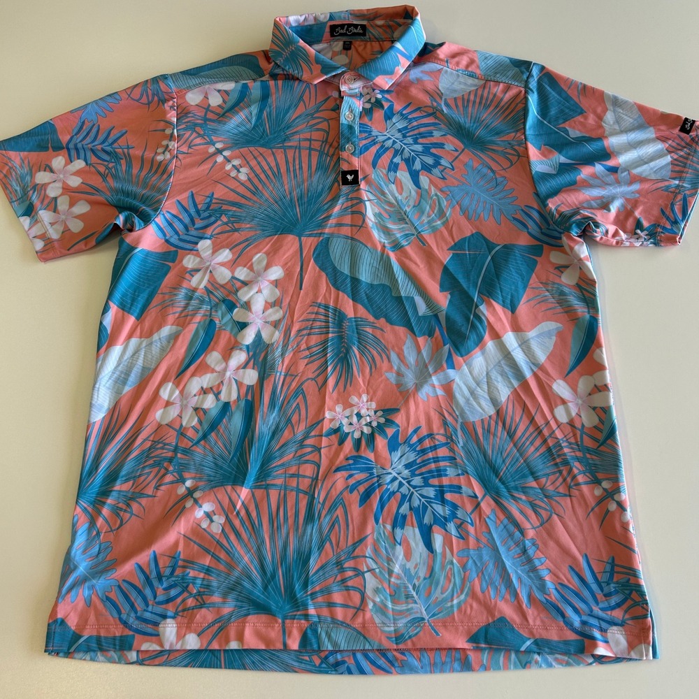 Bad Birdie (2XL) Golf Polo Shirt Tropical Floral Palm Pink Blue Short Sleeve